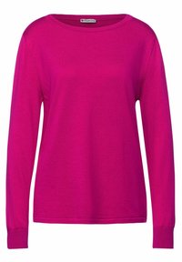 Fuksia pitkähihaine paita, joka on valmistettu pehmeästä neulekankaasta. Varustettu pyöreällä kaula-aukolla ja resorihihansuilla, esittelee sileää tekstuuria vähäisillä yksityiskohdilla.