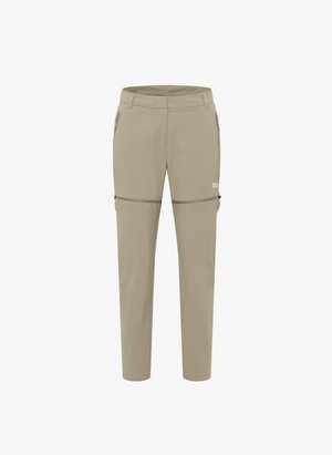 Pantaloni esterni beige con vestibilità sartoriale, dotati di tasche con zip e gambe staccabili per maggiore versatilità; realizzati in materiale leggero e resistente.