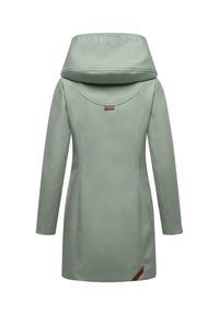 Mint green coat with a high collar, zippered closure, smooth texture, and subtle seam details. Features a logo patch in brown.
