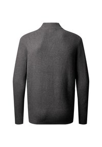 Suéter gris de punto con cuello redondeado, mangas largas y una textura suave. La parte trasera es lisa y presenta un dobladillo acanalado horizontal.