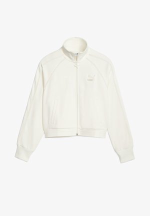Witte cropped ritssluiting jas van zachte stof, met een hoge kraag, lange mouwen, zakken aan de voorkant en een subtiel logo op de borst.