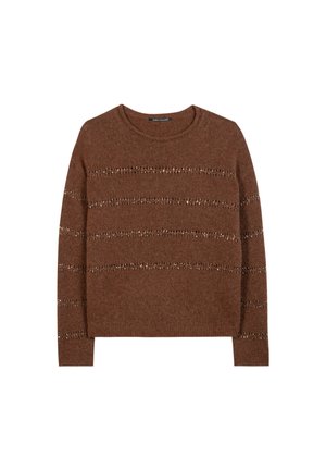 Brown knit sweater with a crew neck, featuring textured horizontal stripes and metallic accents throughout. Long sleeves and a relaxed fit.
