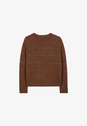 Brown knit sweater with a crew neck, featuring textured horizontal stripes and metallic accents throughout. Long sleeves and a relaxed fit.