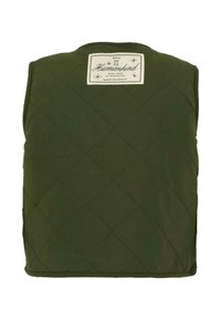 Gilet imbottito verde oliva con un'etichetta che recita "Humankind" su uno sfondo bianco. Texture liscia e scollatura tonda senza chiusure.