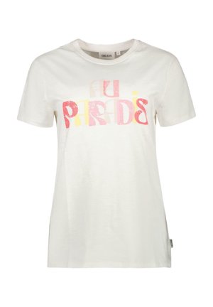 Witte katoenen T-shirt met meerkleurige tekst "AU PARADIS" in roze, geel en oranje. Korte mouwen en ronde halsontwerp.