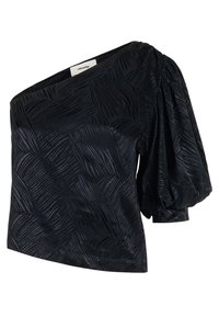 Schwarzes Off-Shoulder-Top mit strukturiertem Muster, ausgestattet mit einem Puffärmel, glattem Stoff und asymmetrischem Schnitt. Ideal zum Schichten.