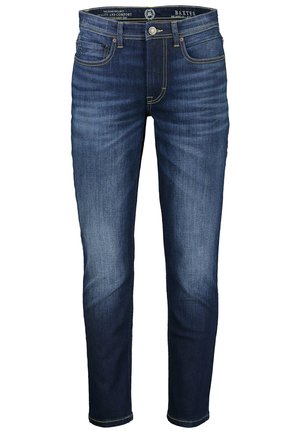 Denim jeans in dark blue with a slim fit. Features stitching accents, classic five-pocket design, and a button closure at the waist.
