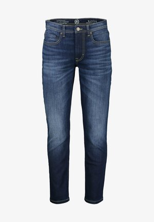 Denim jeans in dark blue with a slim fit. Features stitching accents, classic five-pocket design, and a button closure at the waist.