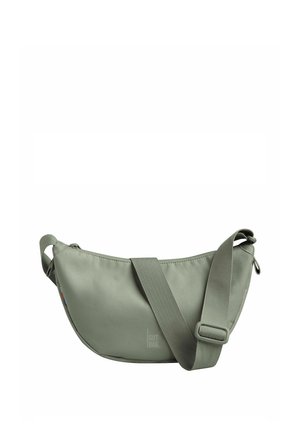 Hobo-Tasche aus strukturiertem olivgrünem Stoff. Mit Reißverschluss, verstellbarem Träger und kleinem Logodetail auf der Vorderseite.