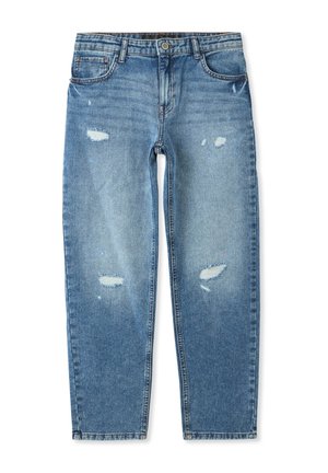 Blå denimjeans med lige snit og slidte detaljer på forreste lår og knæ, med forlommer og bæltestropper.