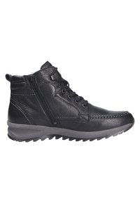Bottines noires en cuir avec lacets et fermeture éclair latérale. Tige texturée, coutures contrastantes et semelle robuste avec un motif en zigzag.