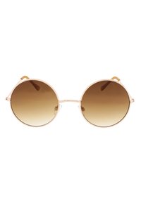 Pyöreät aurinkolasit, joissa on harmahtavat ruskeat linssit, metallinen ruusukultainen runko, ohuet varret ja nenätyynyt mukavuutta varten. Minimalistinen muotoilu ja sileä pinta.