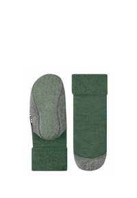 Calze verdi con una texture morbida, dotate di una suola antiscivolo grigia e un design di polsino a coste. Motivi dettagliati sul fondo per una migliore aderenza.