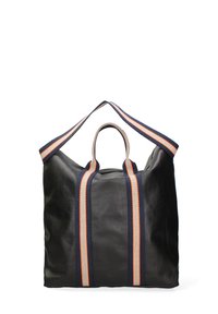 Borsa in pelle nera con finitura testurizzata, dotata di doppie maniglie superiori e spallacci a strisce blu e arancioni in contrasto. Forma rettangolare.