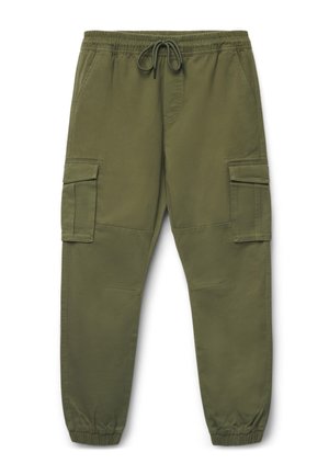 Pantaloni cargo jogger verde oliva con vita elasticizzata, coulisse regolabile, tasche laterali con patta e polsini elastici.