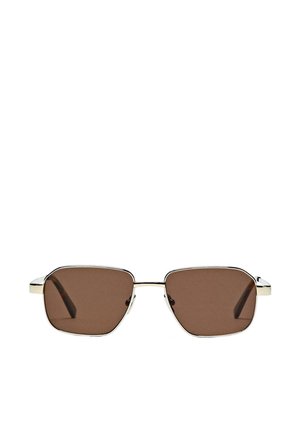 Brown-tinted rectangular sunglasses with a thin silver metal frame. The temples are sleek and slightly curved for a modern look.
