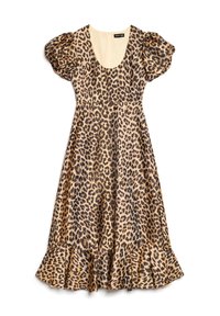 Vestido midi de estampado de leopardo con mangas abullonadas, escote redondeado, cintura ajustada y dobladillo con volantes en tonos marrón y beige.