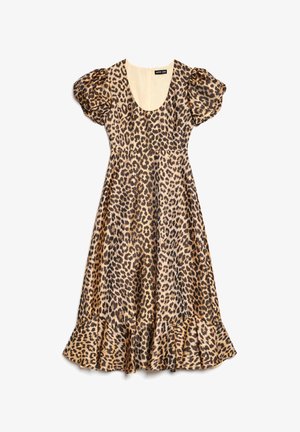 Leopardenmuster Midi-Kleid mit Puffärmeln, Rundhalsausschnitt, taillierter Taille und Rüschensaum in braunen und beigen Tönen.