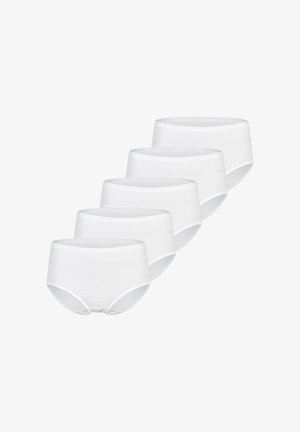 Fünf Paar schlichte weiße Damenunterwäsche, in einer gestaffelten Linie auf einem weißen Hintergrund angeordnet.