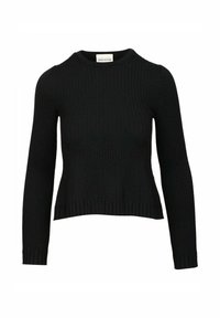 Maglione nero a coste con maniche lunghe, scollatura rotonda e orlo all'altezza della vita. Texture cucita con una silhouette aderente.