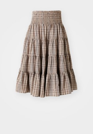 Jupe plissée et smockée avec un motif à carreaux beiges et marron. Présente une silhouette évasée et un tissu texturé.