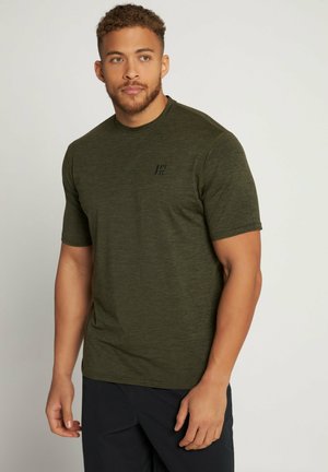 Olive green, short-sleeve t-shirt in a textured fabric. Features a subtle black logo on the left chest. Classic crew neckline.