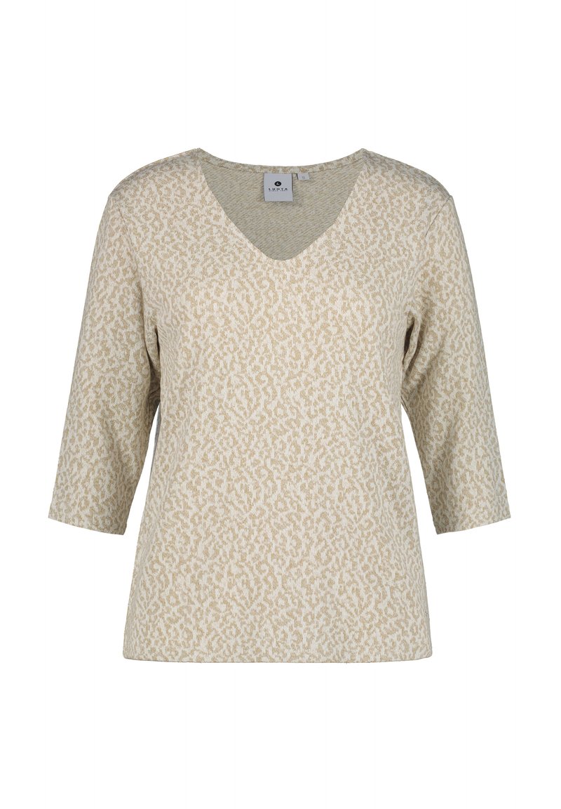 Desatuurd beige V-hals top met driekwart mouwen, met een subtiel dierenprintpatroon en een zachte, gestructureerde stof.
