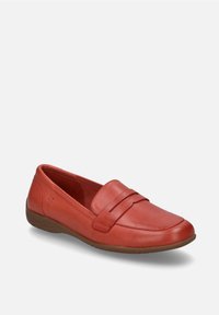 Rote Leder-Slipper mit einer niedrigen Gummisohle, die eine gestickte Verzierung an der Vorderseite und eine glatte Textur aufweist.