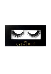 Black faux mink eyelashes in a clear display box. Features full, fluffy strands with varying lengths for volume. Brand name: AY LASHES.