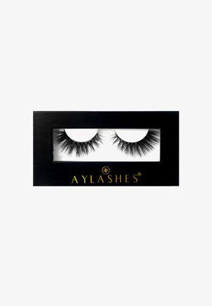 Black faux mink eyelashes in a clear display box. Features full, fluffy strands with varying lengths for volume. Brand name: AY LASHES.
