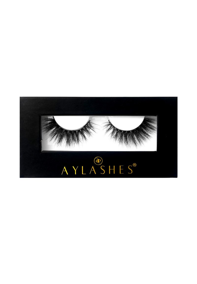 Black faux mink eyelashes in a clear display box. Features full, fluffy strands with varying lengths for volume. Brand name: AY LASHES.