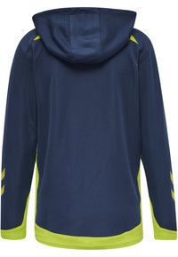 Felpa blu navy con maniche lunghe, caratterizzata da dettagli gialli sulle spalle e sui lati, realizzata in tessuto testurizzato con una vestibilità comoda.