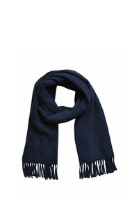 Marineblå uldscarf med en blød tekstur og frynset ender, foldet på en afslappet måde, der fremhæver et simpelt, rektangulært design.
