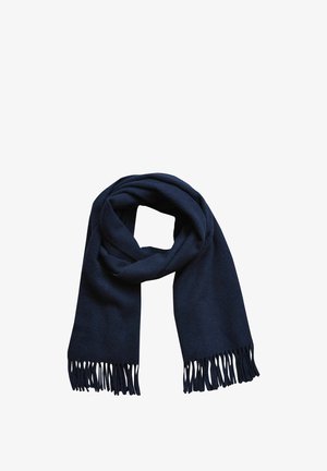 Dunkelblauer Wollschal mit weicher Textur und fransigen Enden, lässig gefaltet und mit einem einfachen, rechteckigen Design.