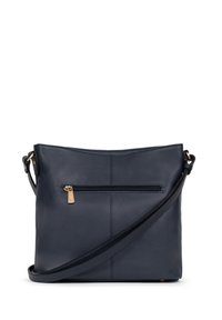 Borsa a spalla in pelle blu navy con tasca frontale con zip, texture liscia, forma piatta e tracolla regolabile. Dettagli in hardware color oro.