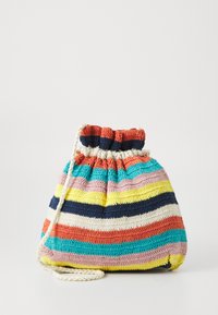 Borsa a tracolla multicolore realizzata in filato tessuto. Presenta strisce orizzontali in rosso, blu, rosa, giallo e bianco con una tracolla intrecciata.