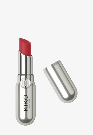 Red lipstick with silver metallic casing and cap, branded KIKO MILANO, cap placed beside the lipstick tube on a white background.