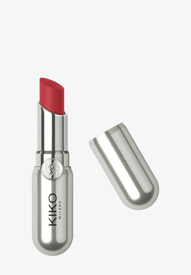 Red lipstick with silver metallic casing and cap, branded KIKO MILANO, cap placed beside the lipstick tube on a white background.