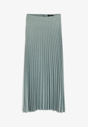 Jupe longue plissée en tissu doux de couleur teal clair. Elle présente une large ceinture et une intégration sans couture de plis verticaux sur toute la longueur.