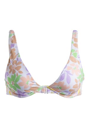 Floral bikini top in light fabric featuring a v-neck design. Colors include pastel pink, purple, green, and yellow. Adjustable clasp closure.