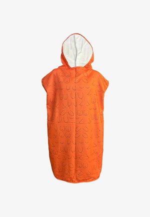 Oranger Kapuzenhandtuch mit einem Frotteefutter. Verfügt über ein sich wiederholendes Umrissmuster, das auf der Außenseite Brüste ähnelt.