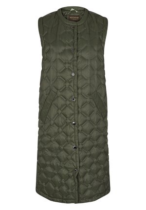 Mouwloos lang olijfgroen gewatteerd vest met ronde halslijn, drukknopen aan de voorkant en twee schuine zijzakken.