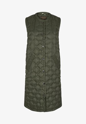 Veste matelassée longue sans manches couleur olive avec un col rond, des boutons-pression à l'avant et deux poches latérales inclinées.