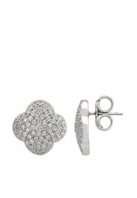 Pendientes de stud en tono plateado con forma de flor, que presentan un racimo de pequeños cristales transparentes, con un respaldo liso y cierre de poste.