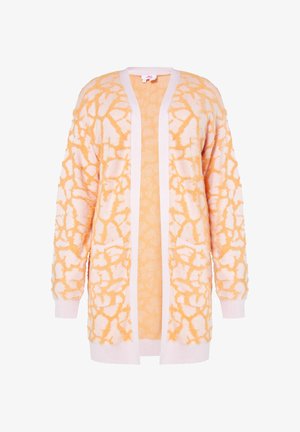 Puhavalyú világos rózsaszín kardigán narancssárga absztrakt mintával. Hosszú ujjak, bordás alj és két elülső zseb jellemzi.