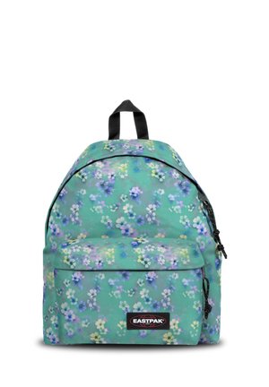 Sac à dos à motif floral en teal avec une poche frontale zippée et des accents noirs ; possède une poignée supérieure et des bretelles rembourrées pour le confort.