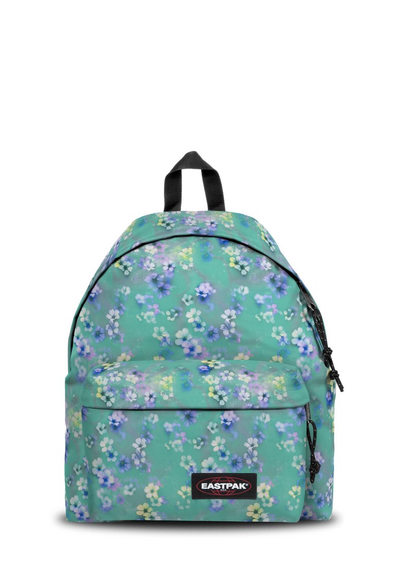 Zaino con motivo floreale in teal, dotato di tasca frontale con zip e dettagli neri; presenta una maniglia superiore e spallacci imbottiti per il comfort.