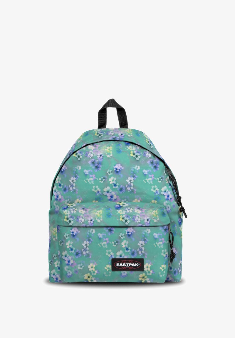 Mochila con estampado floral en color teal, con un bolsillo frontal con cremallera y detalles en negro; cuenta con un asa en la parte superior y correas acolchadas para mayor comodidad.