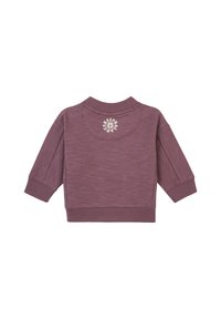 Donker mauve sweatshirt met een ronde halslijn en driekwart mouwen. Heeft ribgebreide manchetten en een ronde logo op de achterkant.
