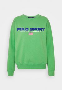Grön sweatshirt i bomull med en stor "POLO SPORT"-logotyp i blått, med "RALPH LAUREN" och en liten amerikansk flagga under.